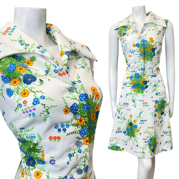 VINTAGE 60s 70s WHITE GREEN BLUE FLORAL BOUQUET SLEEVELESS SWING DRESS 16 18
