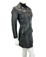 VINTAGE 60s 70s BLACK LEATHER BIG ROUNDED COLLAR MOD TRENCH JACKET 10 12