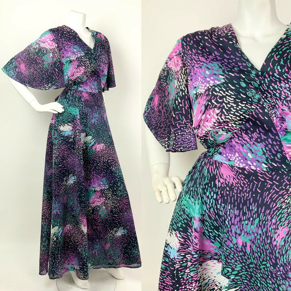 VTG 60s 70s BLACK PINK GREEN PURPLE ABSTRACT SHEER CAPE SLEEVE MAXI DRESS 12 14