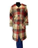VINTAGE 60s 70s RED CREAM BUFFALO CHECK MOD MID-LENGTH WOOL COAT 16 18