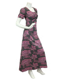 VINTAGE 60s 70s BLACK PINK SILVER ABSTRACT PRINT DISCO PARTY MAXI DRESS 14 16