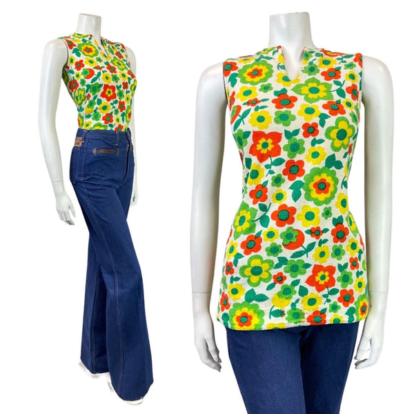 VINTAGE 60s 70s WHITE GREEN YELLOW DAISY FLOWER MOD TOWELLING SLEEVELESS TOP 6