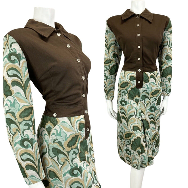 VINTAGE 60s 70s BROWN GREEN PSYCHEDELIC MOD MIDI DRESS 16