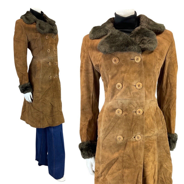 VINTAGE 60s 70s TAWNY BROWN DOUBLE-BREASTED SUEDE SHEARLING COAT 10 12