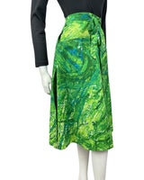 VINTAGE 60s 70s GREEN EMERALD LIME PSYCHEDELIC MIDI WRAP SKIRT 10 12