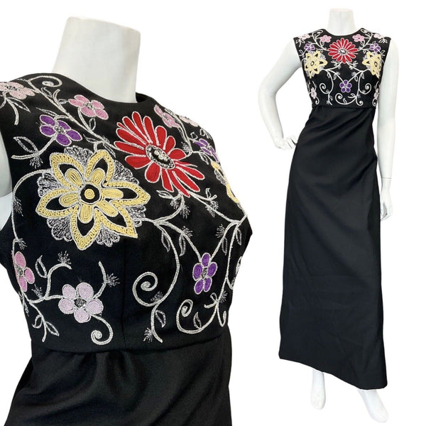 VINTAGE 60s 70s BLACK RED SILVER EMBROIDERED FLORAL SLEEVELESS MAXI DRESS 12