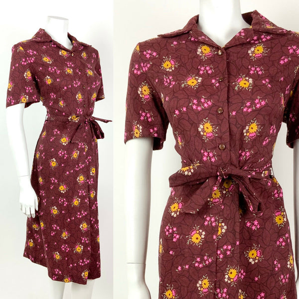 VINTAGE 60s 70s WINE RED YELLOW PINK LEAFY FLORAL DAGGER SHIRT DRESS 16 18