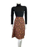 VINTAGE 60s 70s BROWN PINK YELLOW DOTTY FLORAL KNEE-LENGTH FLARED SKIRT 6