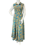 VINTAGE 60s 70s BLUE GOLD PSYCHEDELIC WING COLLAR SLEEVELESS MAXI DRESS 16