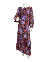 VINTAGE 60s 70s RED PURPLE BLACK PSYCHEDELIC FLORAL PLEATED BOHO MAXI DRESS 16