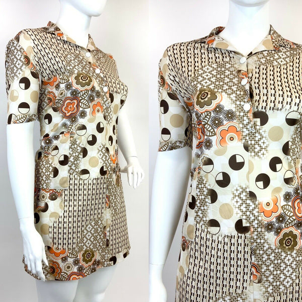 VTG 60s 70s CREAM BROWN ORANGE FLORAL GEOMETRIC PSYCHEDELIC SHIRT DRESS 18