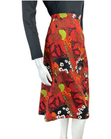 VINTAGE 60s 70s RED BLACK GREEN PSYCHEDELIC FLORAL MOD MIDI SKIRT 12 14