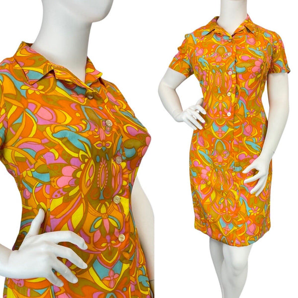 VINTAGE 60s 70s ORANGE YELLOW PINK PSYCHEDELIC SWIRL FLORAL MOD SHIRT DRESS 16