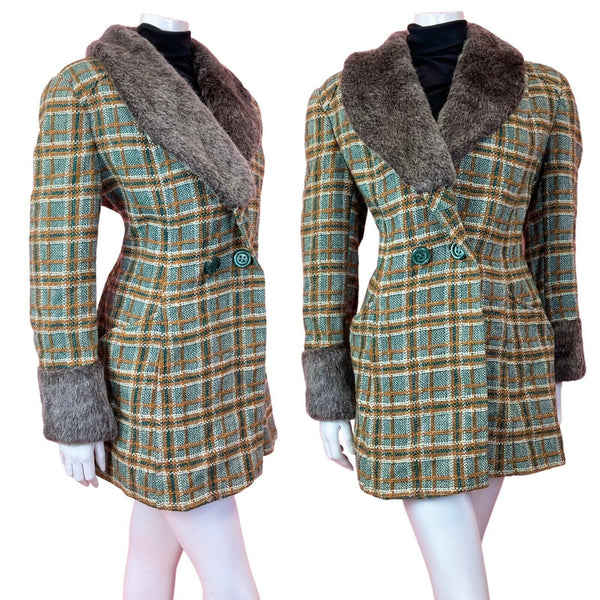 VINTAGE 60s 70s GREEN YELLOW WHITE PLAID CHECKED FAUX FUR MOD WOOL COAT 16 18