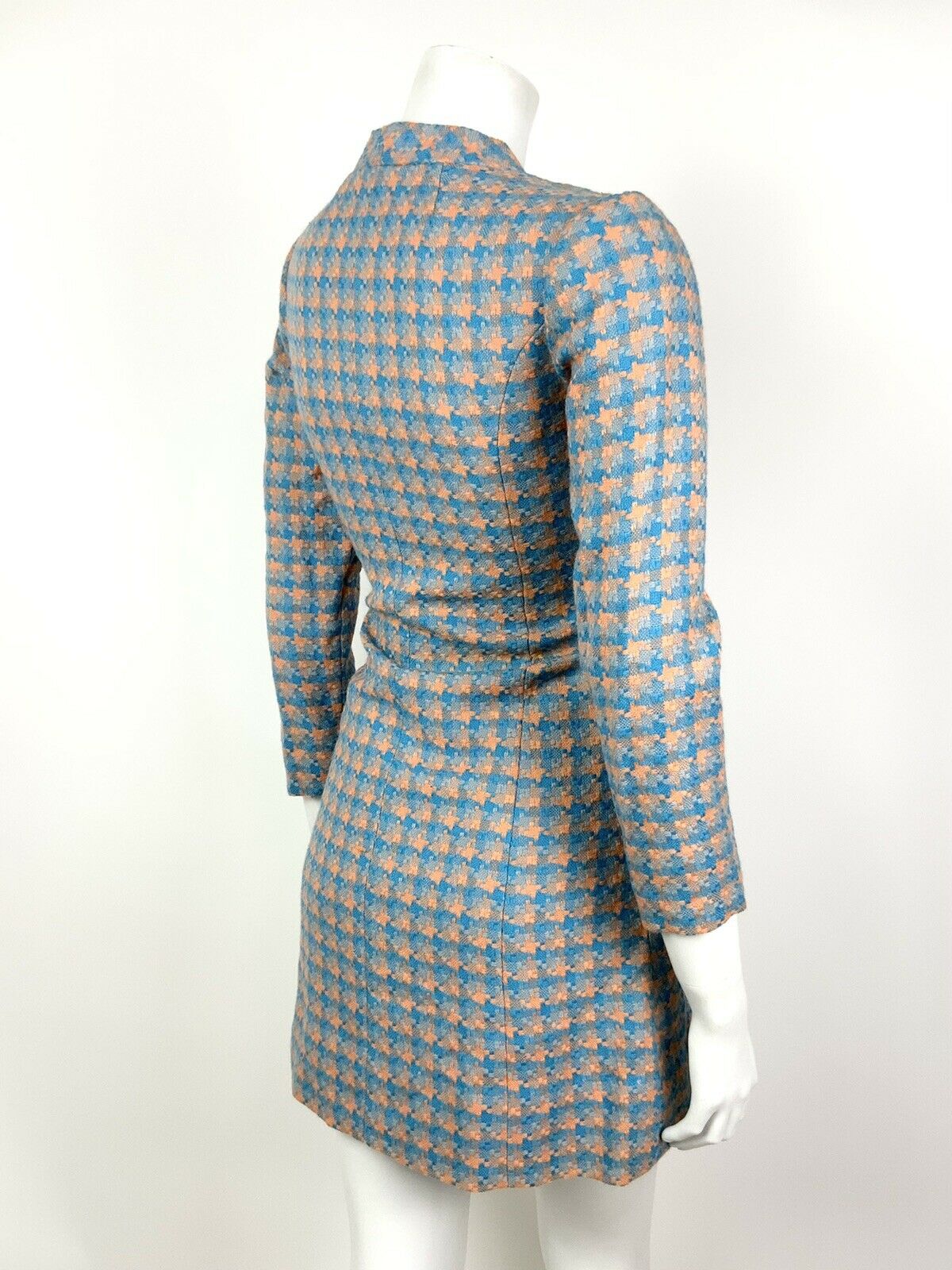 VINTAGE 60s 70s PASTEL ORANGE BLUE CHECKED HOUNDSTOOTH WOOL MOD SHIFT DRESS 8