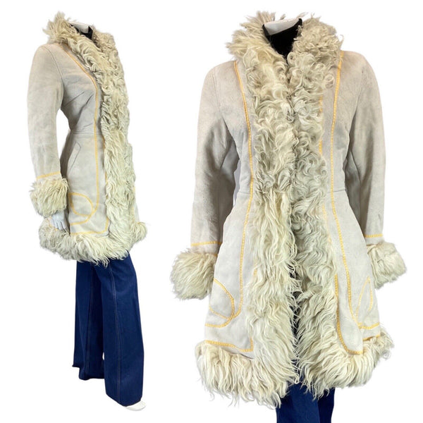 VINTAGE 60s 70s WHITE YELLOW BOHO PENNY LANE EMBROIDERED SHEARLING COAT 10