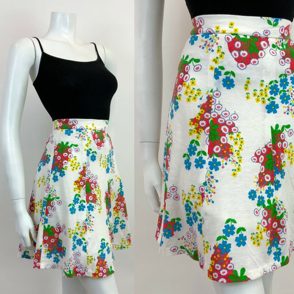 VINTAGE 60s 70s WHITE BLUE GREEN YELLOW FLORAL DAISY FLARED CIRCLE SKIRT 10 12
