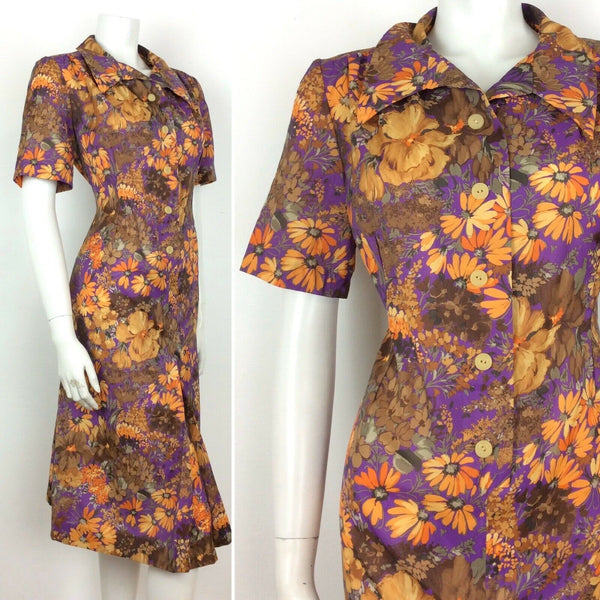60S 70S VINTAGE BROWN PURPLE ORANGE FLORAL ABSTRACT SHIRT DRESS 14 16