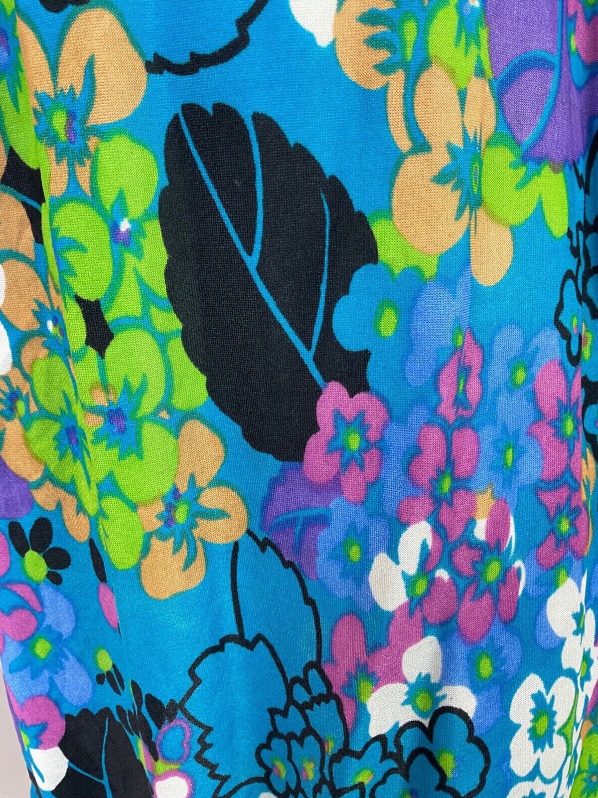 VINTAGE 60s 70s BLUE GREEN BLACK FLORAL PSYCHEDELIC HOUSECOAT WRAP DRESS 12 14