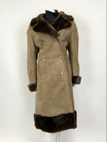 VINTAGE 60s 70s CAMEL BROWN SUEDE SHEARLING DOUBLE-BREASTED LONG COAT 16 18