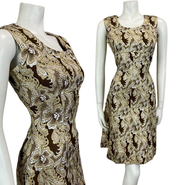 VINTAGE 60s 70s BROWN GOLD SILVER MOD MINI PARTY CHRISTMAS EVENING DRESS 10 12