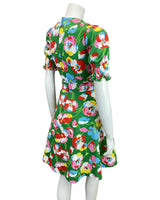 VINTAGE 60s 70s GREEN RED BLUE WHITE FLORAL POPPY PUFF SLEEVE MOD DRESS 10 12