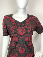 VTG 70s 80s BLACK RED FLORAL EMBROIDERED BEADED SEQUIN PARTY BLOUSE TOP 24 26