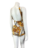 VINTAGE 60s 70s BROWN WHITE YELLOW DOTTY FLORAL BOHO SKIRTED SWIMSUIT 16 18