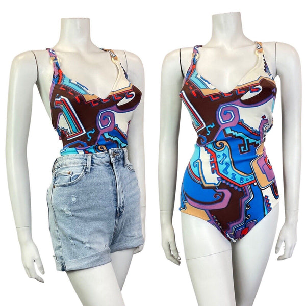 VINTAGE 60s 70s BLUE BROWN WHITE AZTEC GEOMETRIC STRAPPY SWIMSUIT 14