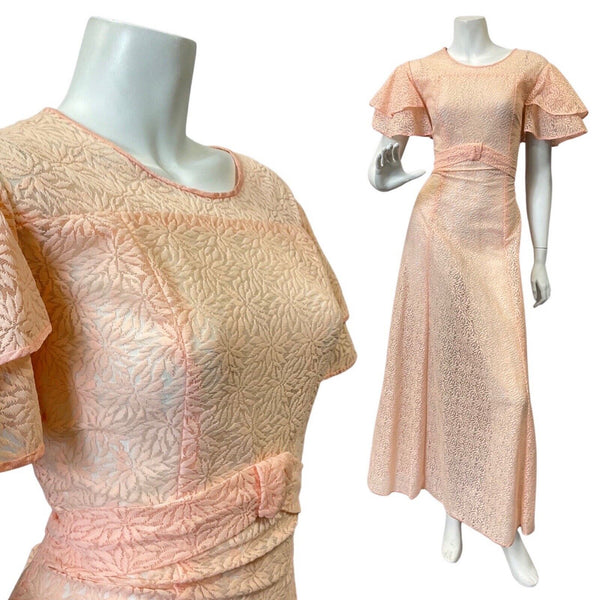 VINTAGE 60s 70s PINK PEACH EMBROIDERED FLORAL SHEER BOHO PRAIRIE MAXI DRESS 14