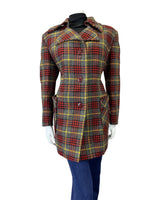 VINTAGE 60s 70s GREY RED YELLOW TARTAN CHECKED MOD WOOL COAT 14 16