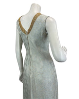 VINTAGE 60s 70s PASTEL BLUE GOLD EVENING DISCO PARTY EMBROIDERY MAXI DRESS 14 16