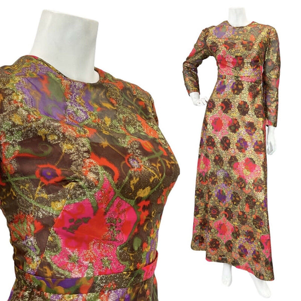 VINTAGE 60s 70s BROWN RED GOLD FLORAL SPOTTED MOD PARTY DISCO MAXI DRESS 8 10