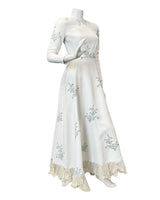 VINTAGE 60s 70s WHITE BLUE GREEN FLORAL EMBROIDERED PRAIRIE WEDDING MAXI DRESS 6