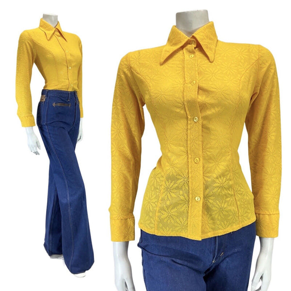 VINTAGE 60s 70s DAFFODIL YELLOW FLORAL LACE DAGGER COLLAR MOD FITTED SHIRT 8 10