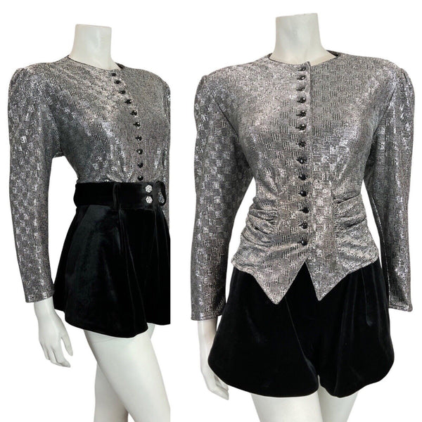 VINTAGE 70s 80s METALLIC SILVER CHECKERBOARD STUDIO 54 PARTY FITTED LUREX TOP 14