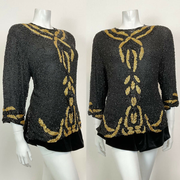 VINTAGE 70s 80s BLACK GOLD SEQUIN BEADED GLAM DISCO PARTY BLOUSE TOP 16 18