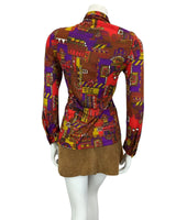 VINTAGE 60s 70s BROWN RED PURPLE DAGGAR COLLAR PSYCHEDELIC BOHO SHIRT 12 14