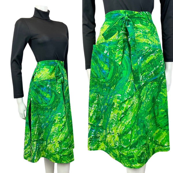 VINTAGE 60s 70s GREEN EMERALD LIME PSYCHEDELIC MIDI WRAP SKIRT 10 12