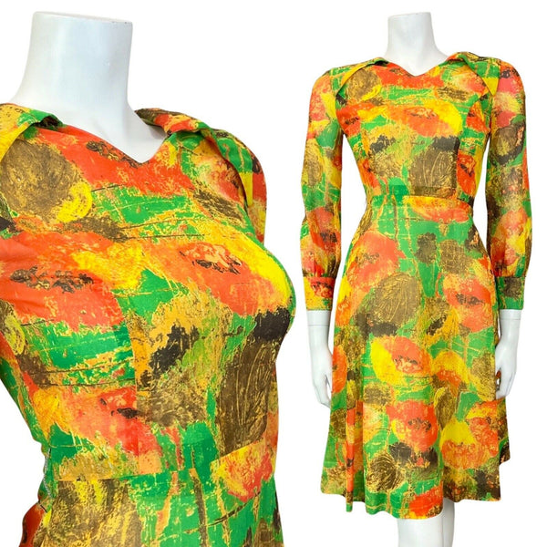 VINTAGE 60s 70s YELLOW RED GREEN FLORAL POPPY SHEER WING COLLAR SHIRT DRESS 4