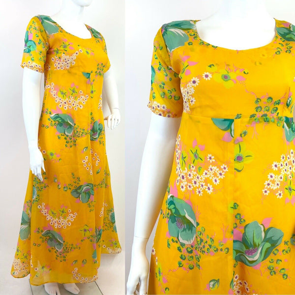 VINTAGE 60s 70s YELLOW PINK GREEN FLORAL DAISY SHEER FLOATY MAXI DRESS 16 18