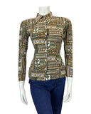 VINTAGE 60s 90s GREEN BEIGE BROWN GEOMETRIC PSYCHEDELIC DAGGER COLLAR SHIRT 8 10