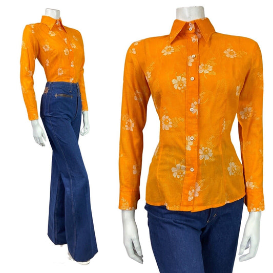 VINTAGE 60s 70s BRIGHT ORANGE WHITE FLORAL DOTTY MOD DAGGER COLLAR SHIRT 8 10