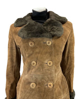 VINTAGE 60s 70s TAWNY BROWN DOUBLE-BREASTED SUEDE SHEARLING COAT 10 12