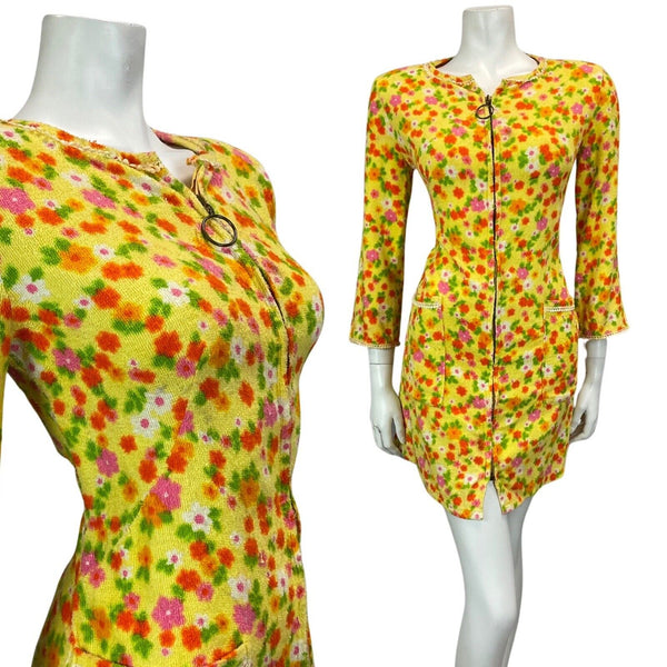 VINTAGE 60s 70s YELLOW ORANGE GREEN PINK FLORAL TOWELLING MINI DRESS 10 12