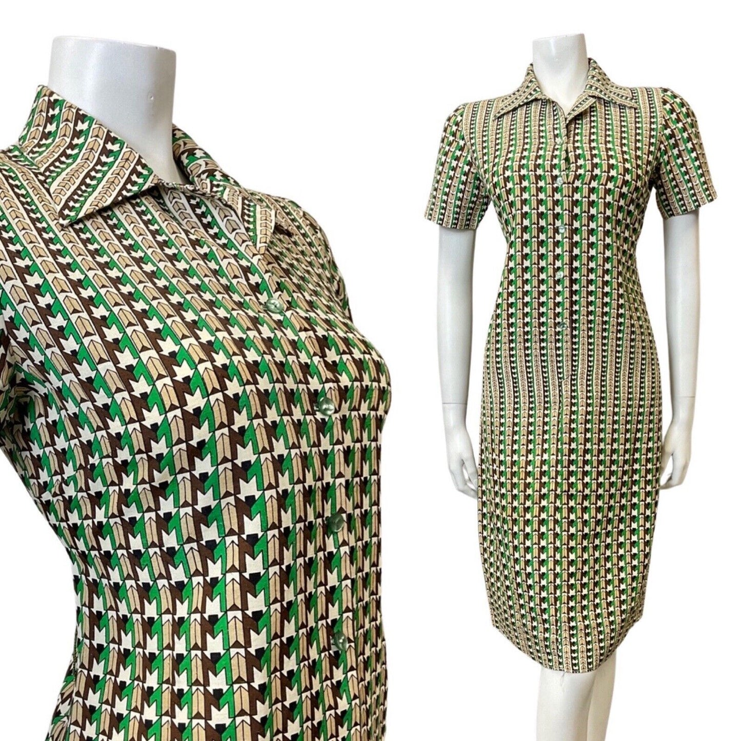 VINTAGE 60s 70s GREEN BROWN WHITE GEOMETRIC OP-ART MOD SHIRT DRESS 8 10
