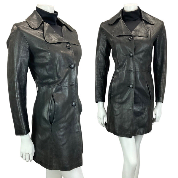 VINTAGE 60s 70s BLACK LEATHER BIG ROUNDED COLLAR MOD TRENCH JACKET 10 12