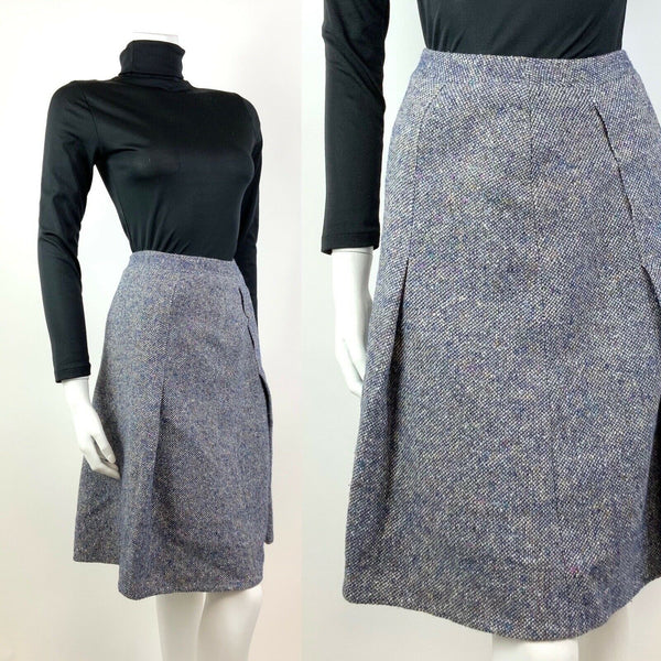 VINTAGE 60s 70s BLUE MULTI-COLOURED SPECKLED WOOL PLEATED CACHAREL SKIRT 6 8