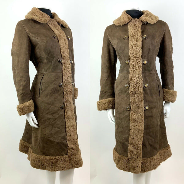 VTG 60s 70s DEEP BROWN DOUBLE-BREASTED SUEDE LEATHER SHEARLING BOHO COAT 12 14