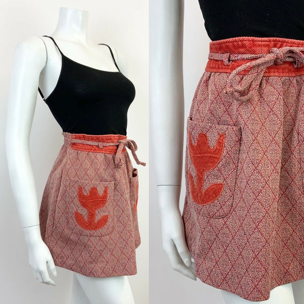 VINTAGE 60s 70s RED RUST ORANGE WHITE FLORAL CHECKED SPECKLED MOD MINI SKIRT 4 6